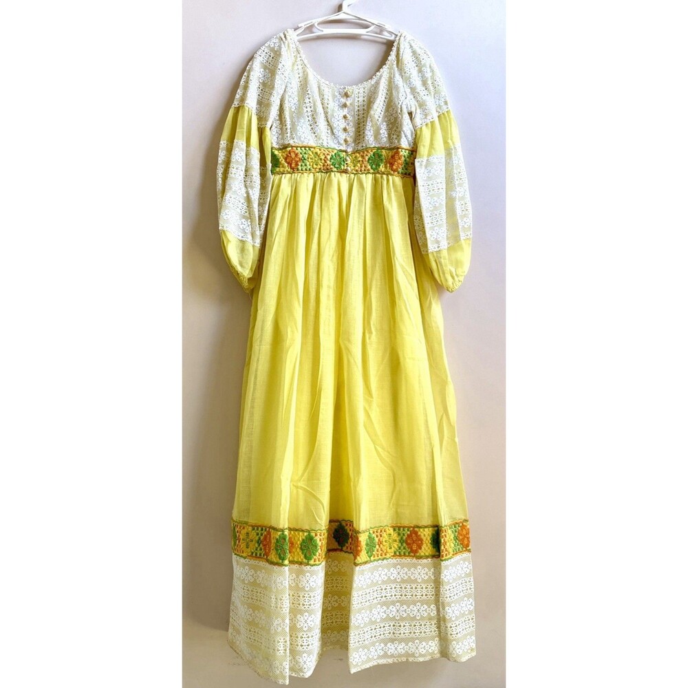 Vintage 70s Yellow Prairie LS Dress Gunne Sax Style Octoberfest Cottage Bell XS